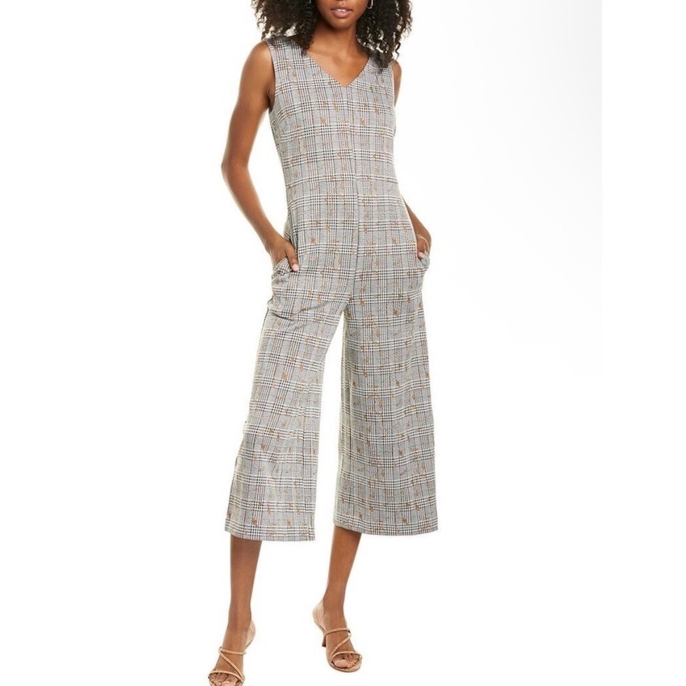 Lysse New York Glen Plaid Floral Embroidered Wide Leg Cropped Jumpsuit Gray M